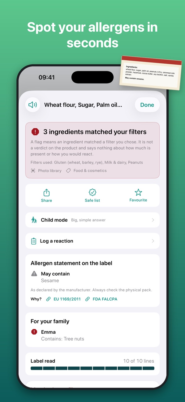 IngrediLens result screen: 3 ingredients matched your filters, with a may-contain sesame warning